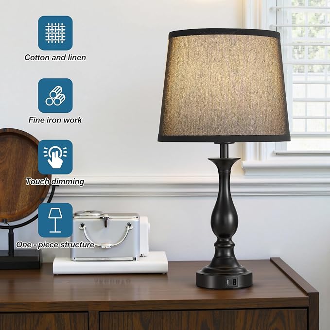 Bedside Table Lamp Touch Control Bedroom Lamps with USB A + C Charging Port 3 Way Dimmable Touch Lamps for Nightstand Living Room Bedroom Dorm Home Office Reading, Set of 2 (Black Shade & Black Base)