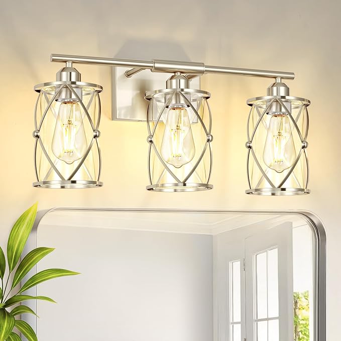 3-Light Brushed Nickel Bathroom Light Fixtures, 21 Inch Modern Bathroom Vanity Lighting Fixtures Over Mirror with Clear Glass and Metal Cage Wall Sconce Lights for Bath, E26, CH9176BN-3W