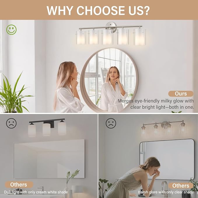 Brushed Nickel Bathroom Light Fixtures Over Mirror, 5-Light 33-Inch Vanity Lights with Dual Glass Shades, Eye-Friendly Modern Vanity Lights for Bathroom Bedroom Living Room Hallway