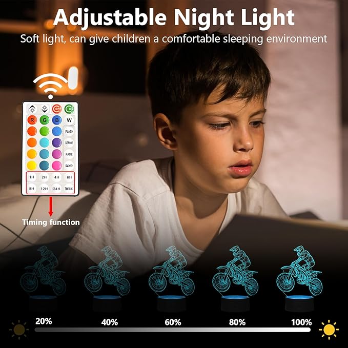 Dirt Bike Gift 3D Night Light, 16 Colors Illusion Night Lamp for Boys - Dirt Bike Themed Bedroom Lamps, Optical Illusion Lamp with Remote Control, Kids' Room Décor, Cool Gifts for Motorcycle Lovers