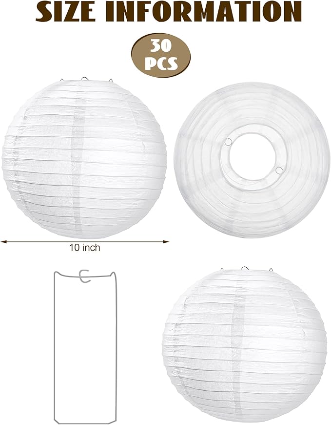 Treela 30 Pack White Chinese Japanese Paper Lanterns Decorative Hanging Round Paper Lantern Lamps for Wedding Birthday Party Decorations (10 Inch)