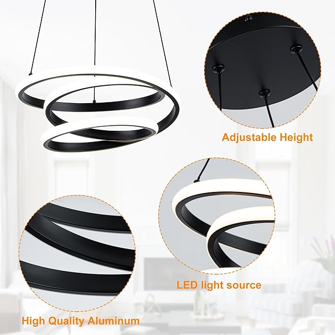 Mayful Modern Chandelier with Remote Control, 3-Color Dimmable LED Pendant Light Fixtures, Height Adjustable Kitchen Island Lighting for Dining Room,Bedroom,Living Room,Foyer,Office Black 13.78 inches