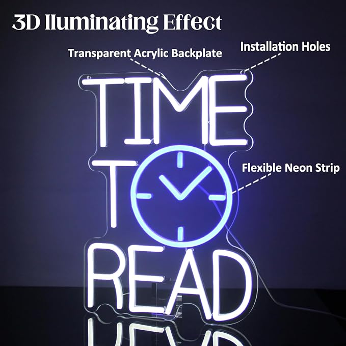 Time To Read Neon Sign Read Books Neon Lights for Bedroom Bookstore Decor | White Letter LED Signs, Blue Clock Neon Read Light Up Sign, Dimmable Acrylic Wall Art, USB Powered, Reading Corner Decor