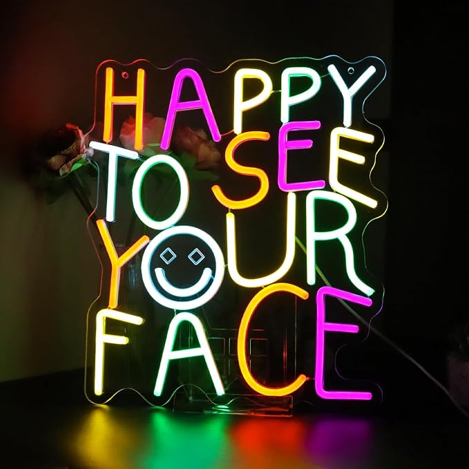 Happy to See Your Face Neon Sign for Kindergarten – Dimmable Multicolor Welcome Light with Wired Controller, 14.2×12.6 in, Includes 4 Wall Anchors – Teacher Appreciation Gift