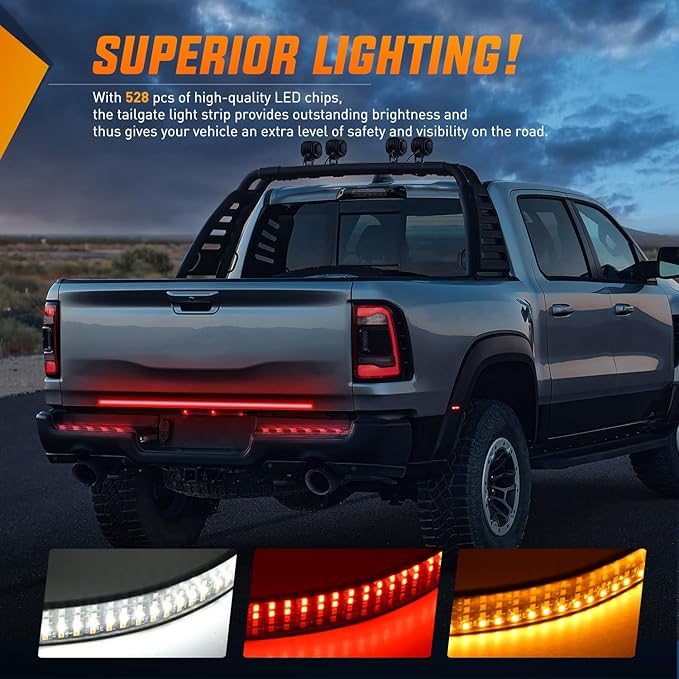 Nilight Truck Tailgate Light Strip 48" Quad Row 528 LED Strip with Red Running Brake Lights White Reverse Lamp Amber Turn Signals Lights