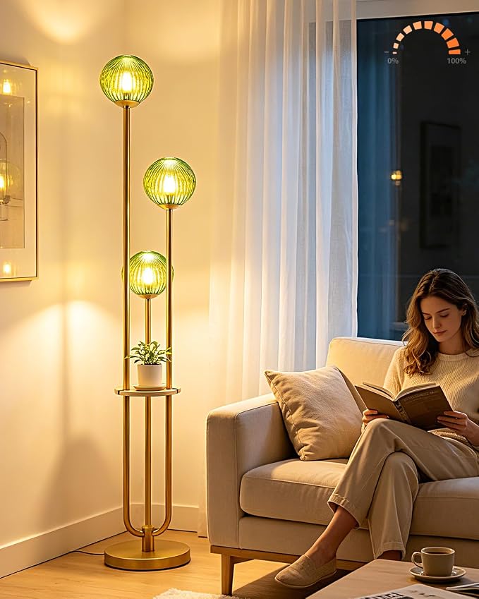 Lightdot Green Glass Floor Lamp with Shelf 63IN Dimmable Mid Century Modern Gold Standing Lamps 3000K Bulbs Included Globe Floor Lamp with 5Lbs Heavy Base for Living Room/Wedding/Sofa Beside/Corner