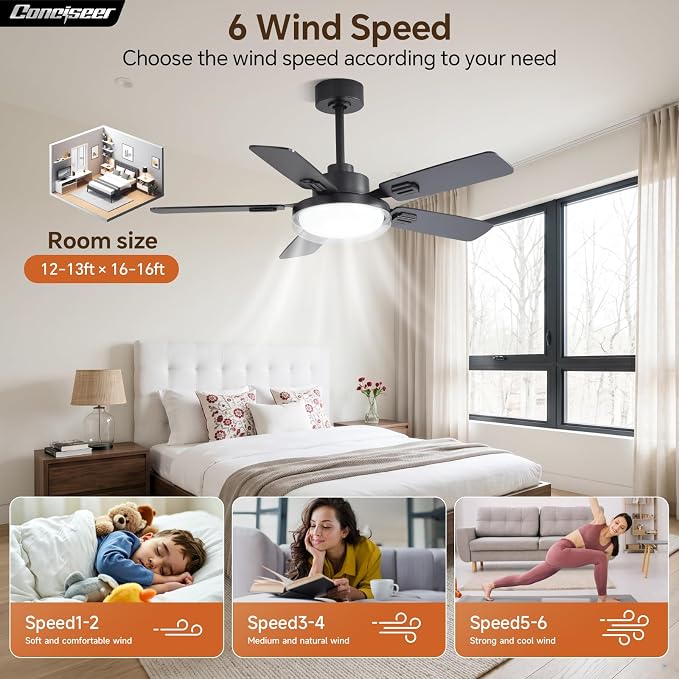 Conciseer 44 Inch Ceiling Fans with Lights and Remote, Bedroom Living Room Office Outdoor, 5CCT Dimmable, Dual Color 5 Blades, 6 Speed Reversible Quiet DC Motor, Dual-Layer Shade, Black/Wood Grain