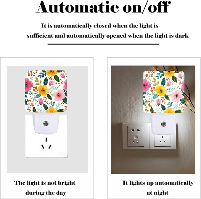 Vintage Botanical Flower Night Light,Plug Into Wall for Boys Girls Bedroom Decorative Square Night Light Lamp 0.5w Sleep Friendly
