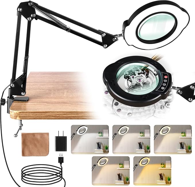 10X Magnifying Glass with Light and Stand, LED Desk Lamp with Clamp, 5 Color Mode, 10 Dimmable Levels, Hands Free for Reading Crafts Jewelry Sewing Close Work