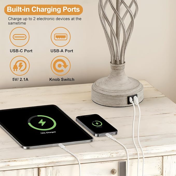EJIAXIN Table Lamp for Bedroom Set of 2 - Light Grey Bedside Lamps with USB C+A Ports,Rustic Distressed Farmhouse Bedroom Lamp - Lamp for Living Room Reading Bed Side End Table Bulbs Included