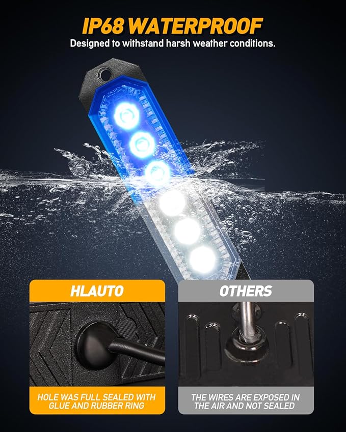 HLauto 406T Emergency Strobe Grille Lights: 4Pcs 6 LED Sync Feature Safety Warning Flashing Light, 12V-24V Ultra Slim Surface Mount Hazard Caution Light for Truck, Vehicle, Car, ATV, UTV (Blue White)