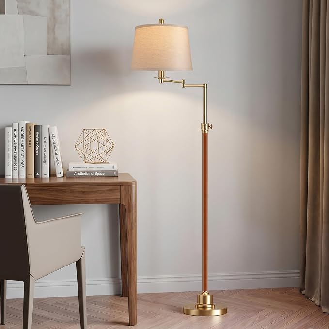 Vintage Floor Lamp for living room, Walnut Gold Farmhouse Standing Lamp with 350° Swivel Swing Arm, 56.6''-66'' Mid Century Modern Height Adjustable Tall Lamp for Bedroom Office(LED Bulb Included)