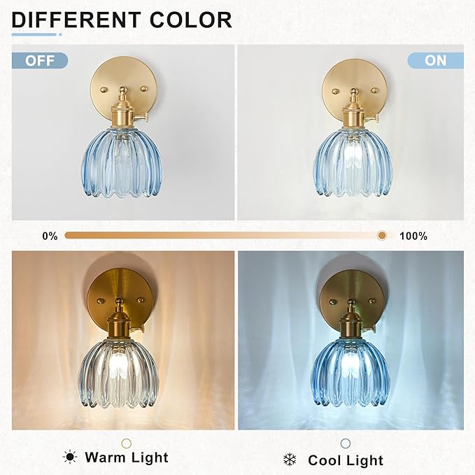 Wall Sconces Set of Two Hardwired, Vintage Sconce Light with Tulip Denim Blue Glass Lampshade, Bathroom Wall Lights with Switch, Gold Wall Light Sconces Wall Decor Set of 2