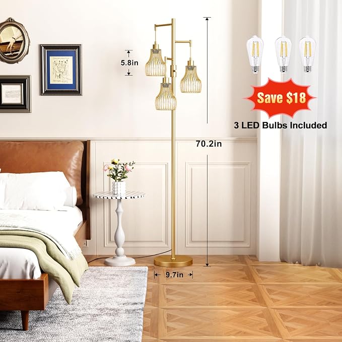 Ziisee Dimmable Gold Floor Lamps for Living Room, 70" Farmhouse Tree Standing Tall Lamps with 3 Elegant Cage Shade & 800 Lumens LED Bulbs for Bedroom Office