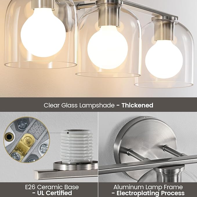 WOSHITU Bathroom Vanity Light Fixtures: 23.3 Inch Modern Brushed Nickel Bathroom Vanity Lights Over Mirror with Clear Glass Shade, 3-Light Farmhouse Vanity Lights Fixture