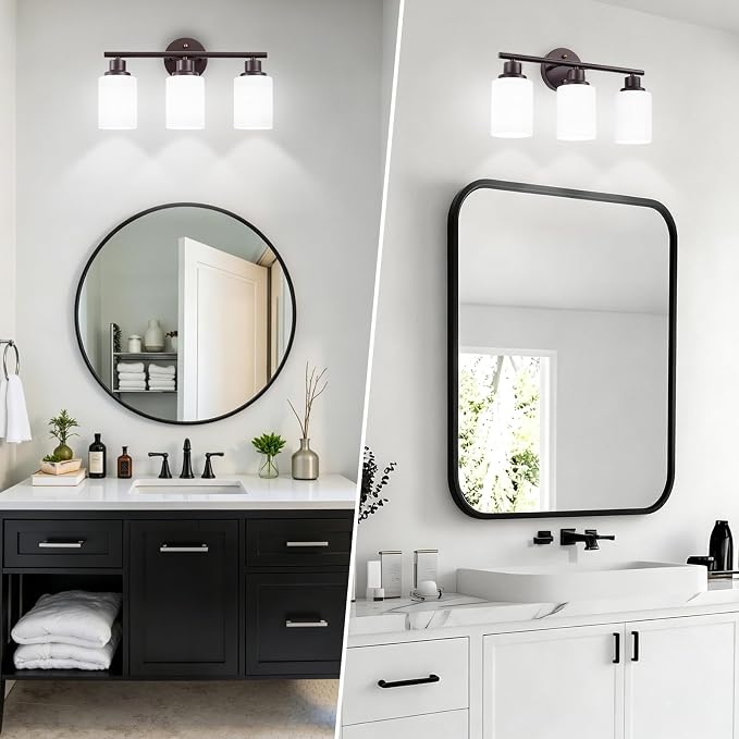 3-Light Bathroom Light Fixtures, Vanity Lights for Mirror with Textured Milky White Glass Shade, Modern Kitchen Light Fixtures Wall Sconce Light - E26 Base - Oil-Rubbed Bronze