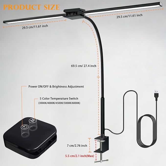 LED Desk Lamp for Home Office, Double Head Computer Monitor Light with Clamp, 5 Color Modes and 3 Brightness Levels, Long Flexible Goose-Neck, USB Eye-Caring Clip on Lights for Reading, Black