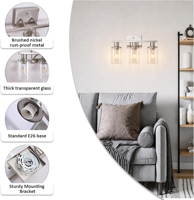 Brushed Nickel Bathroom Light Fixtures Over Mirror,3-Light Bathroom Vanity Light with Clear Glass Shade,Modern Farmhouse Wall Sconces Lighting for Mirror Kitchen Living Room Cabinet