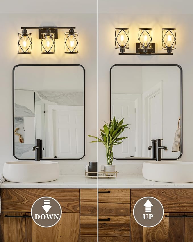 3-Light Black Bathroom Light Fixture, 21 Inch Modern Farmhouse Vanity Lighting Fixtures Over Mirror with Glass and Metal Cage, Wall Sconce Lights for Bath, Rust-Resistant, E26, CH9176BK-3W