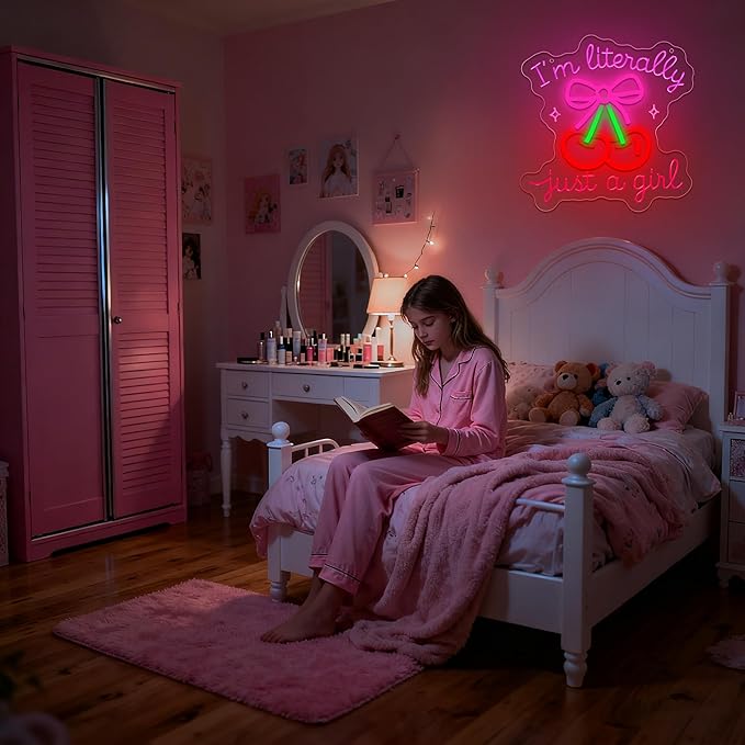 I'm Literally Just A Girl Neon Sign for Wall Decor Dimmable Pink Cherry Neon Light for Man Cave LED Light Sign for Aesthetic Teen Girls Bedroom Dorm Romantic Birthday Gifts Size11.8 * 11.8In(WZA015)