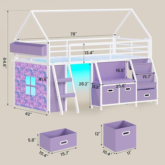 ADORNEVE Low Loft Bed Twin Size with Bookshelf, Reading Nook & 3 Drawers | Purple Kids Loft Bed, LED Light, Storage Drawers, Under-Bed Play Space,Safety Guardrail, Inclined Ladde, Play Curtain