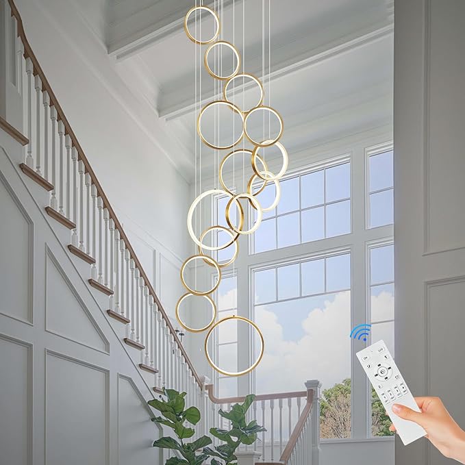 14 Rings Modern LED Chandelier for High Ceiling Dimmable Gold Contemporary Foyer Long Chandelier for Entryway, Long Pendant Light Fixture Staircase Dining Living Room, 3000-6500K