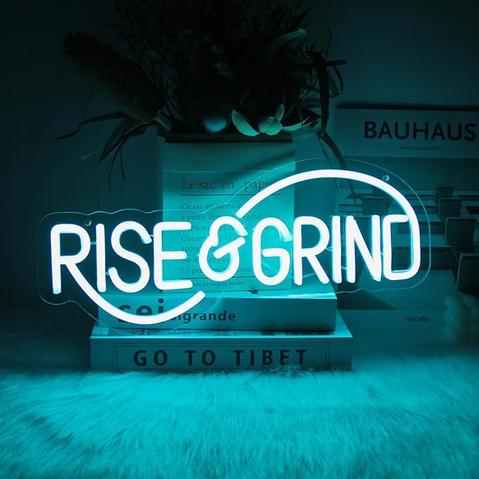 Rise & Grind Neon Sign Hustle LED Neon Signs for Wall Motivational Decor Ice Blue Letter Neon Light Inspirational Neon Wall Art Light Up Signs for Bedroom Office Gym Sports Room Man Cave Decor
