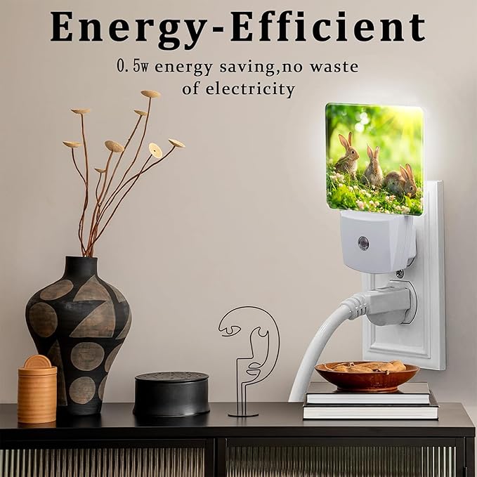 Easter Bunny in The Meadow Night Light Plug into Wall,Cute Rabbits and Spring Flowers Dusk to Dawn Night Light Plug in,0.5w Energy Saving Sleep Friendly Nightlight for Kids Boys Girls Home Decor