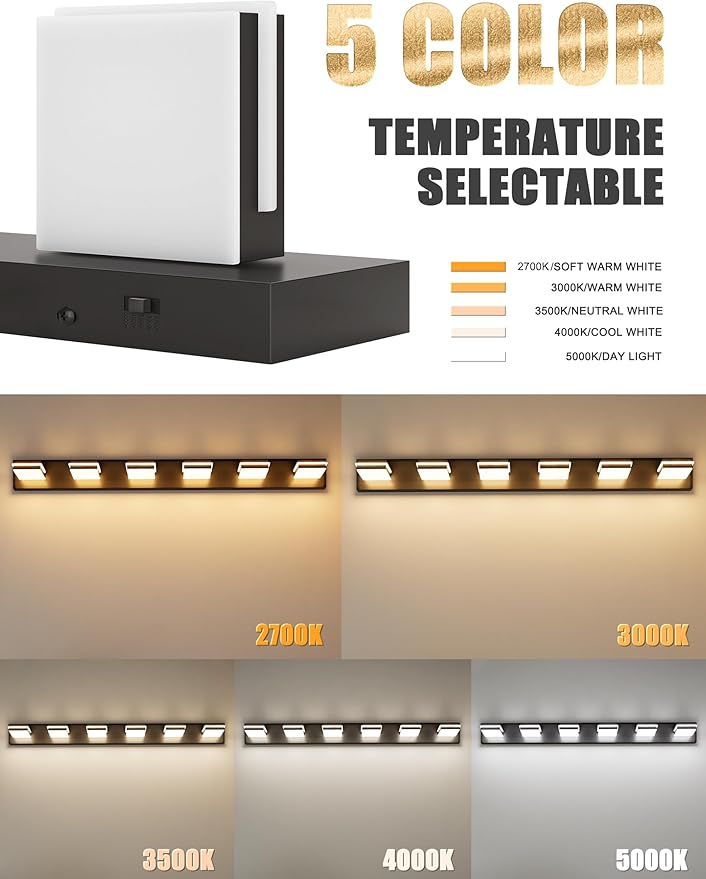 VOLISUN Modern Bathroom Vanity Light Fixtures (6-Light, 48-Inch), 5CCT Dimmable Lighting Fixtures Over Mirror, 360 Rotatable Head, Black LED Vanity Lights