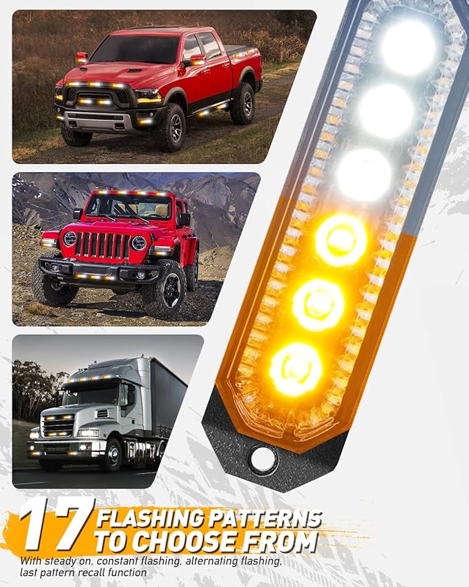 HLauto 406T Emergency Strobe Grille Lights: 4Pcs 6 LED Sync Feature Safety Warning Flashing Light, 12V-24V Ultra Slim Surface Mount Hazard Caution Light for Truck, Vehicle, Car, ATV, UTV (Amber White)