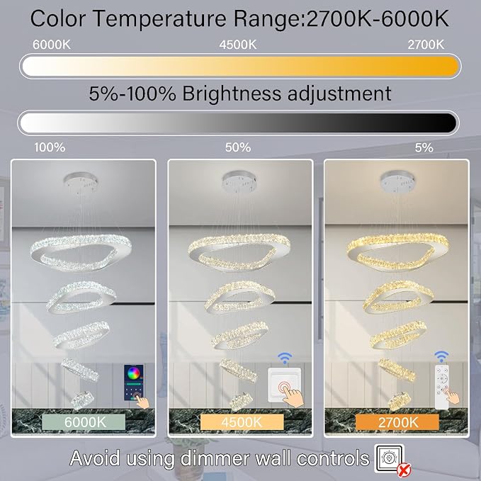 Large Crystal Chandelier Modern LED Dimmable Contemporary Chandelier Large Pendant Light for Living Room Foyer Staircase Silver Dia 40"