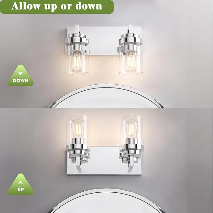 Bathroom Vanity Fixtures, 2 Light Matte Chrome Vanity Light with Clear Glass Shade, 15in Farmhouse wall Light, Lighting Fixture Over Mirror for Bathroom