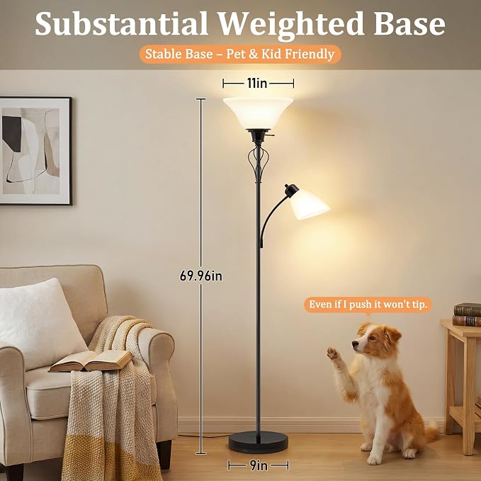Floor Lamps for Living Room, 70" Tall Torchiere Floor Lamps, Plastic Shade | Tall Lamp with Adjustable Gooseneck Reading Light, Modern Corner Standing Lamp for Bedroom, Office, Separate On/Off Switch