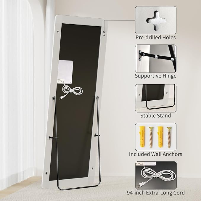 Koonmi Full Length Mirror with LED Lights, 68"x26" Lighted Mirror with Dimming & 3 Color Lighting, Big Mirror for Bedroom, Dressing Room, Rectangle,White