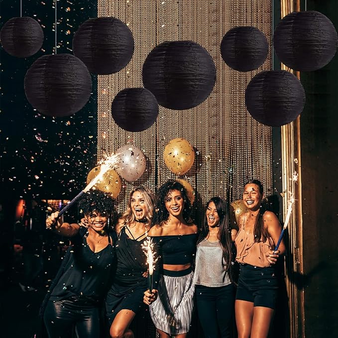 Black Paper Lanterns 12 Pcs Assorted size of 6" 8" 10" 12" Chinese Round Paper Hanging Decorations Ball Lanterns Lamps for Home Decorations, Parties, and Weddings