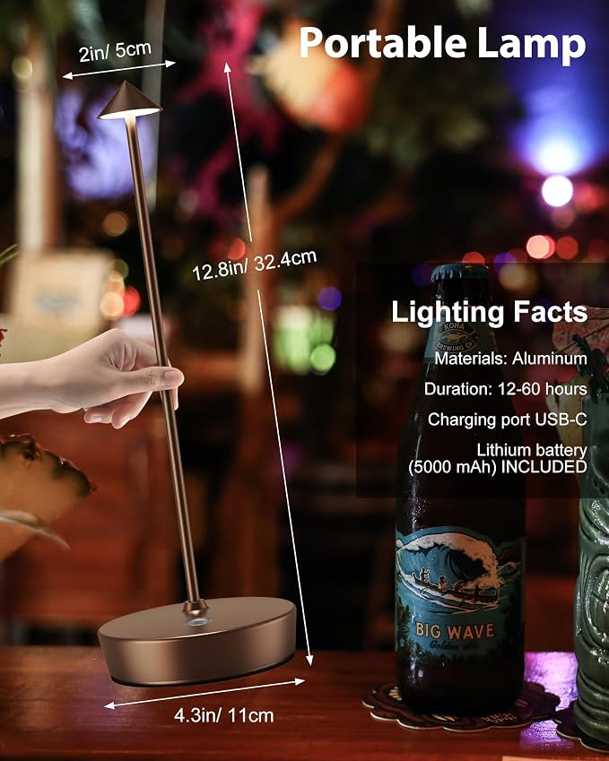 Cordless Table Lamp Rechargeable 6000mAh Battery Outdoor LED Light | Outdoor Waterproof Portable 3 Color Touch Dimmable Table Light for Patio Restaurant Dining Home Set of 2 Moka