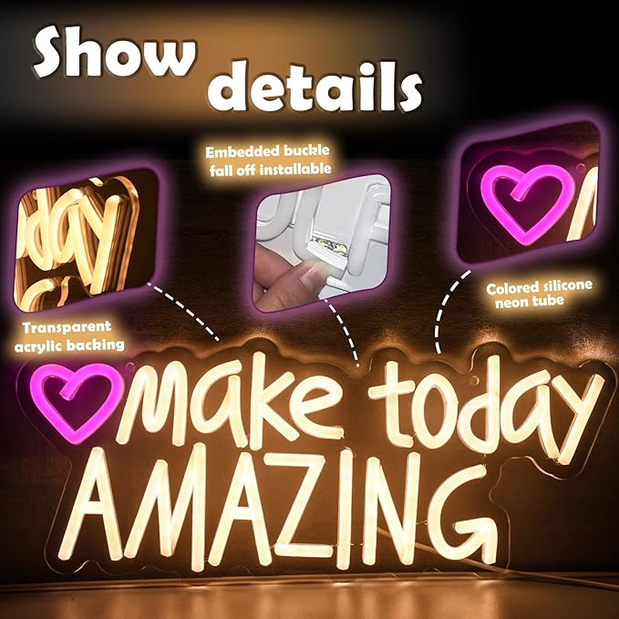 Make today Amazing neon sign, suitable for classroom wall decoration, back-to-school season, graduation season, student gifts. Dimmable, USB powered, pink heart-shaped inspirational neon light.