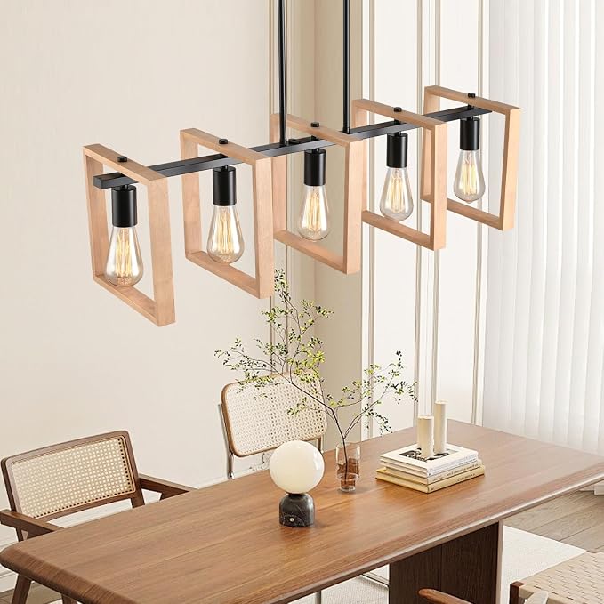 Kitchen Island Lighting Hanging for Farmhouse Linear Chandeliers,Modern Chandelier Over Table, Matte Black Rustic Wood Ceiling Pendant Light,Dining Room Hanging Light Rustic Wood