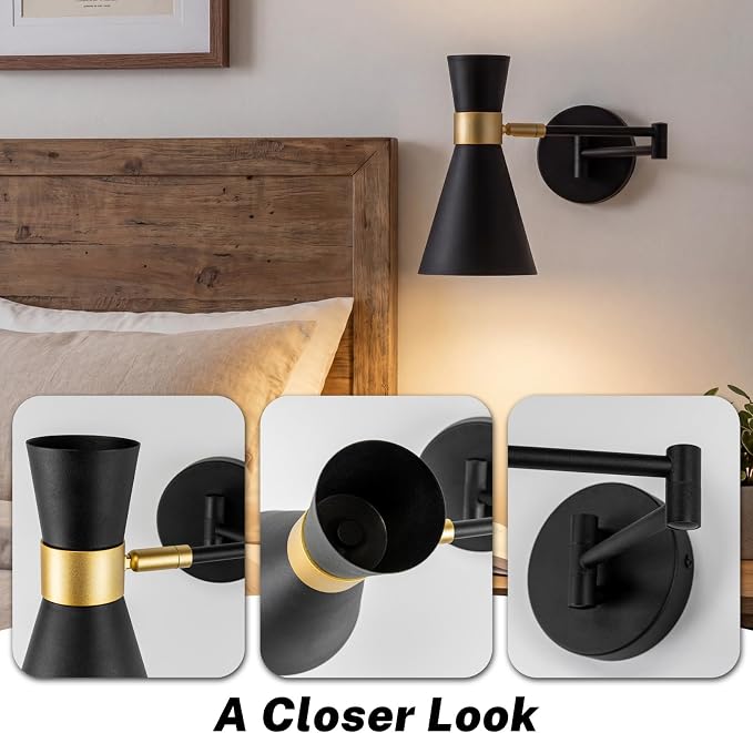 OSYNNIQ Wall Sconce Light with Adjustable Swing Arm for Bedside Reading | Wall Lamp, Modern, Industrial, Lighting Fixture, Black, Hardwired, for Bedroom/Living Room/Indoor, LED E26 Bulb Included