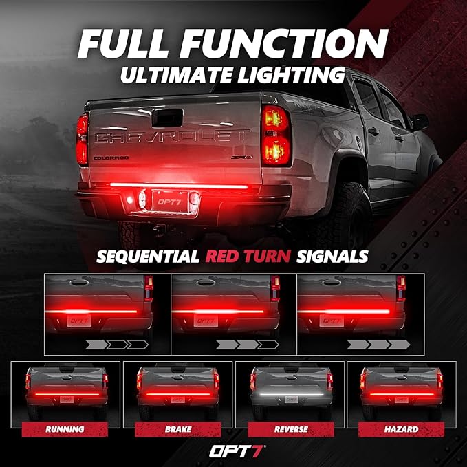 OPT7 Redline 48" Aluminum Truck Tailgate Light Bar w/Sequential Red Turn - Weatherproof Rigid 1-Piece Triple Row LED Strip - Dynamic Taillight w/White Reverse - Fits Tacoma, Colorado, Frontier, Canyon