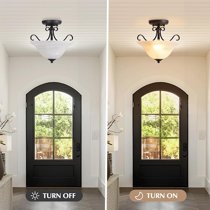 Luvkczc 12" Retro Semi Flush Mount Ceiling Light,Black Ceiling Light Fixture, Mid Century Ceiling Light Modern Glass Close to Ceiling Light for Bedroom Kitchen Porch Hallway,Bulbs Not Included