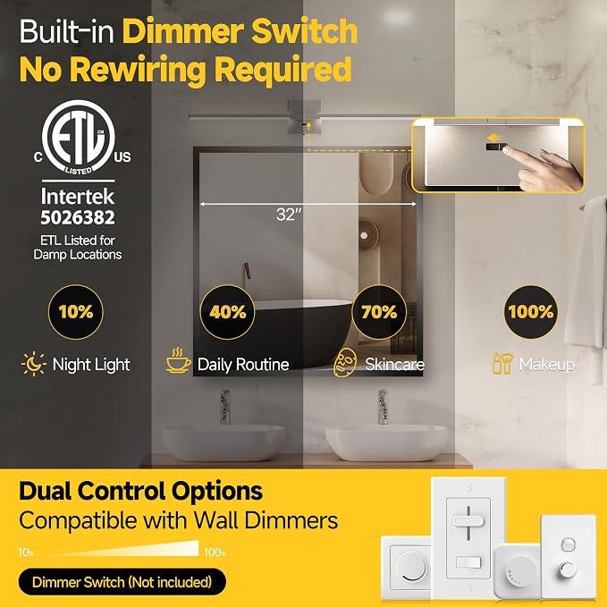 32 Inch Brushed Nickel Bathroom Vanity Light, Built-in Dimmer 2700K-6000K 1450LM LED, 360° Rotatable Bathroom Lights Over Mirror for Makeup, Shaving, Restroom, Powder Room ETL FCC