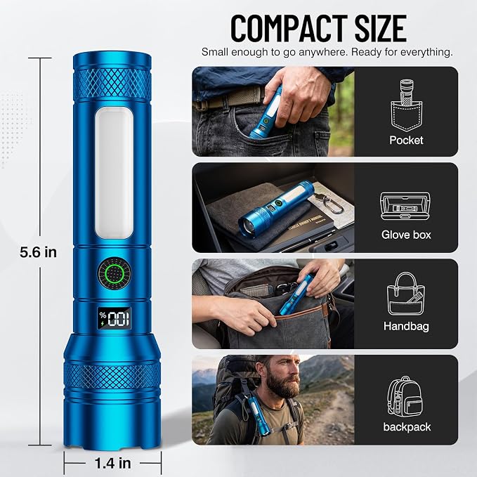 Rechargeable Flashlights 2 Pack, High Lumens LED Flashlight Blue | LCD Battery Display, 7 Lighting Modes & Dual Light Source, IP65 Waterproof Tactical Flashlight For Camping, Hiking, Emergency