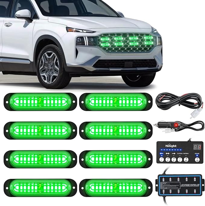 Nilight 8PCS Led Strobe Lights with Controller 12V 24V Sync Feature Green Strobe Light 12 LED Surface Mount Emergency Hazard Warning Lights with Strobe Controller for Vehicle Car Truck RV ATV