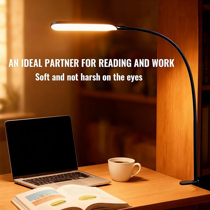 8W LED Desk Lamp with Long Gooseneck and USB Cable, 800LM | Metal Dimmable Clip on Lamp, 3 Colors and 10 Modes, Eye-Caring for Home Office Reading