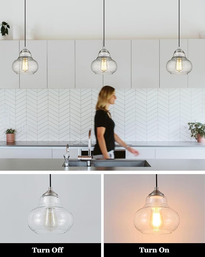 ELYONA 8 Inch Bubble Glass Pendant Light Industrial Kitchen Island Globe Hanging Pendant Light Fxiture Modern Hand Blown Seeded Glass for Farmhouse Dining Room Bar Bedroom Living Room Brushed Nickel