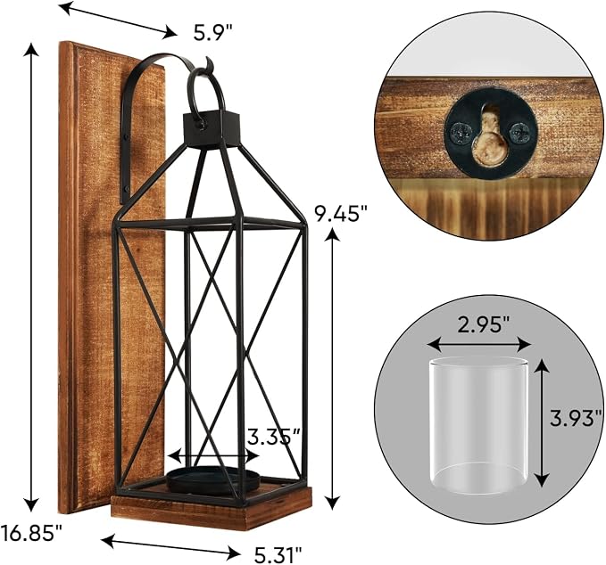 Homemory Wall Candle Sconces Set of 2, Rustic Wood Holders with Glass Decor | Dark Brown Wood and Glass Design Adds Rustic Farmhouse Style for Living Rooms, Bedrooms, Fireplaces and Wall Decor
