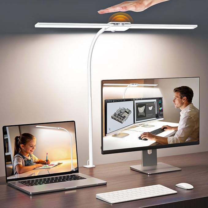 Syrinx LED Desk Lamp, Dual Head Desk Light with Clamp, Eye-Care Table Lamp | Flexible Gooseneck Task Light with Motion Sensor, Wired Control, 50 Lighting Modes, Timer & Memory Function for Home Office