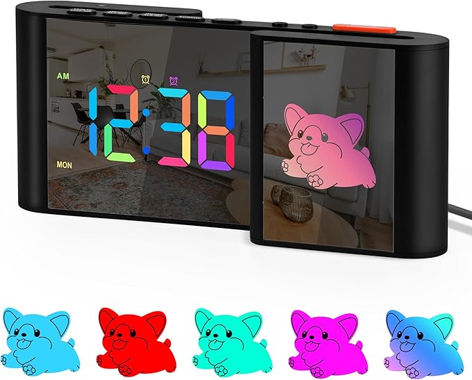 Alarm Clock,Alarm Clocks Bedside with Cute Cartoon,7.2''Large Mirror Clock,11 Colors Digital,10 Color RGB Cartoon,Week Display,Auto Dimming,Dual Alarms,USB Port,5 Levels Volume for Bedroom Table Decor