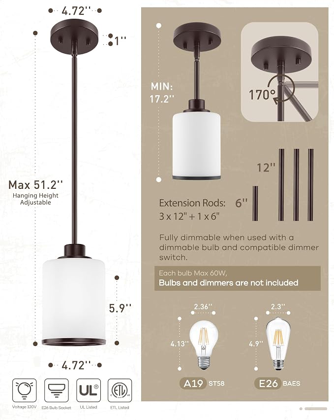 Beionxii Pendant Light Fixtures,Milk Glass Pendants Oil Rubbed Bronze,1Pack | Farmhouse Pendant Lighting, Hanging Pendant Light with Rods for Kitchen Island Dining Room Bedroom Entryway, BX-PL02ORB+R